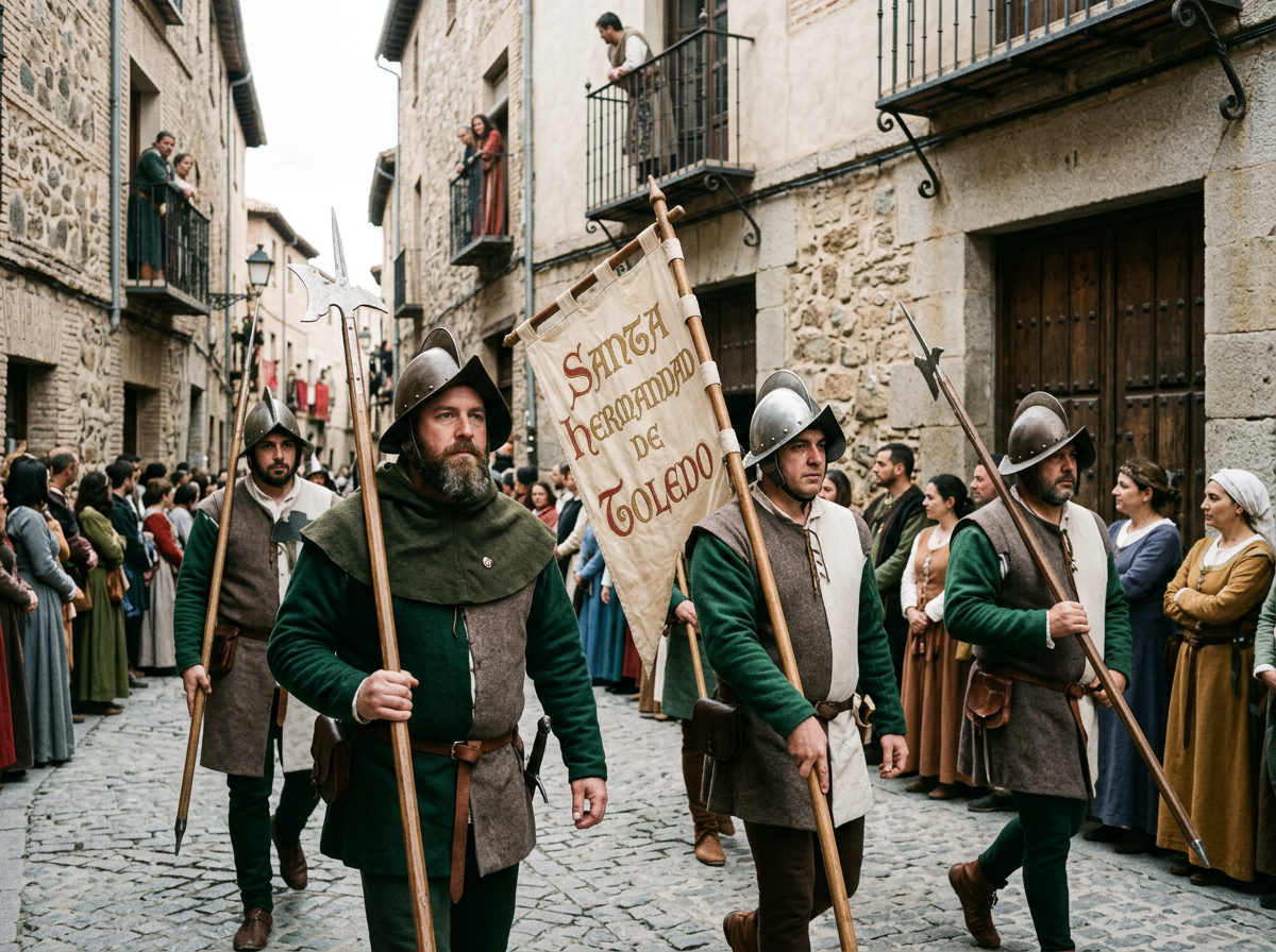Cuadrilleros de la Santa Hermandad vestidos con mangas verdes